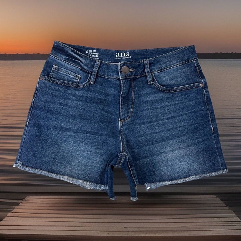 Ana Mid Rise Denim Shorts 4 (W27 Inseam 3) Dark Medium Blue Stretch Womens